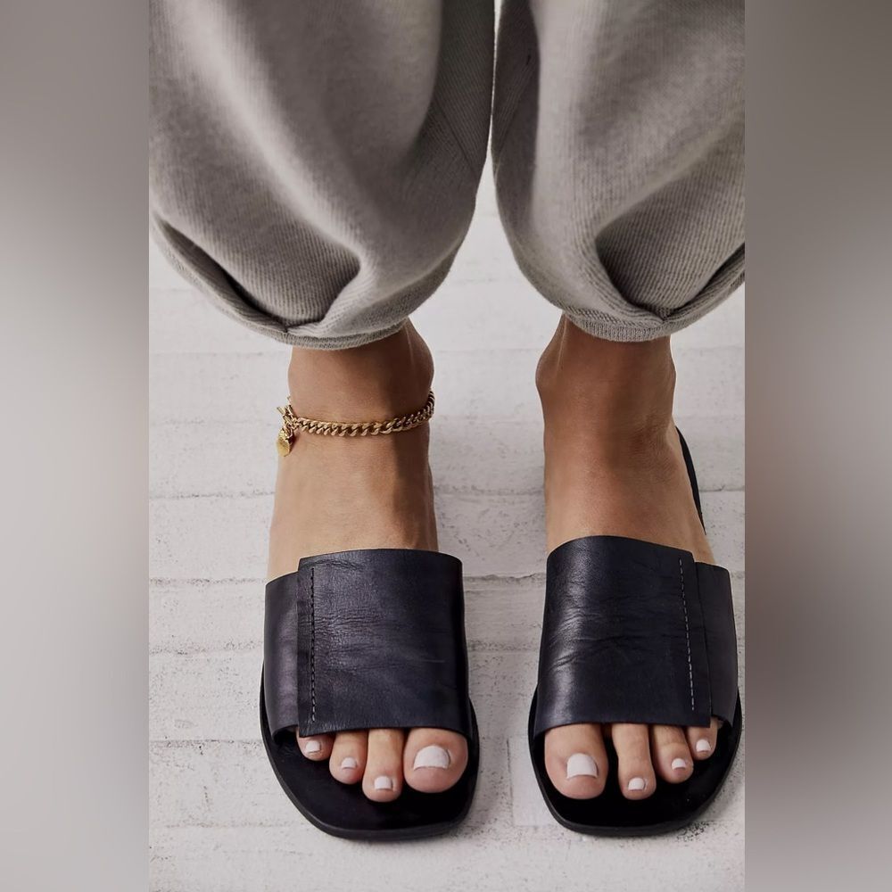 Free People Black Leather Slide Sandals